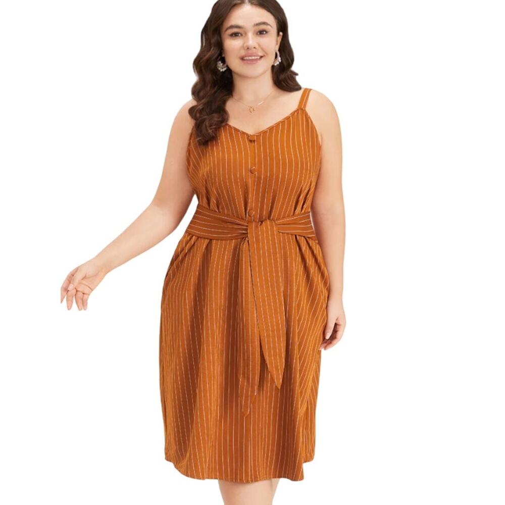 BloomChic Striped Pocket Button Detail Ties Plicated Detail Cami Dress, NWT 10/M